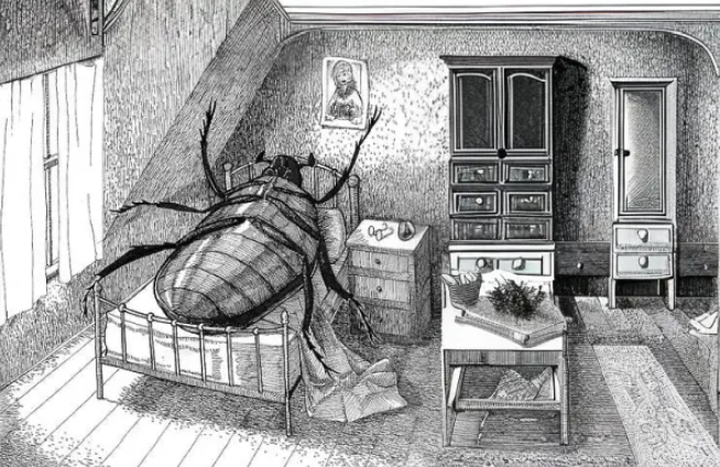 Black-and-white drawing of a big beetle in a bed, from Franz Kafka's The Metamorphosis
